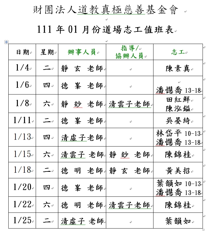 111年01月份道務服務排班表